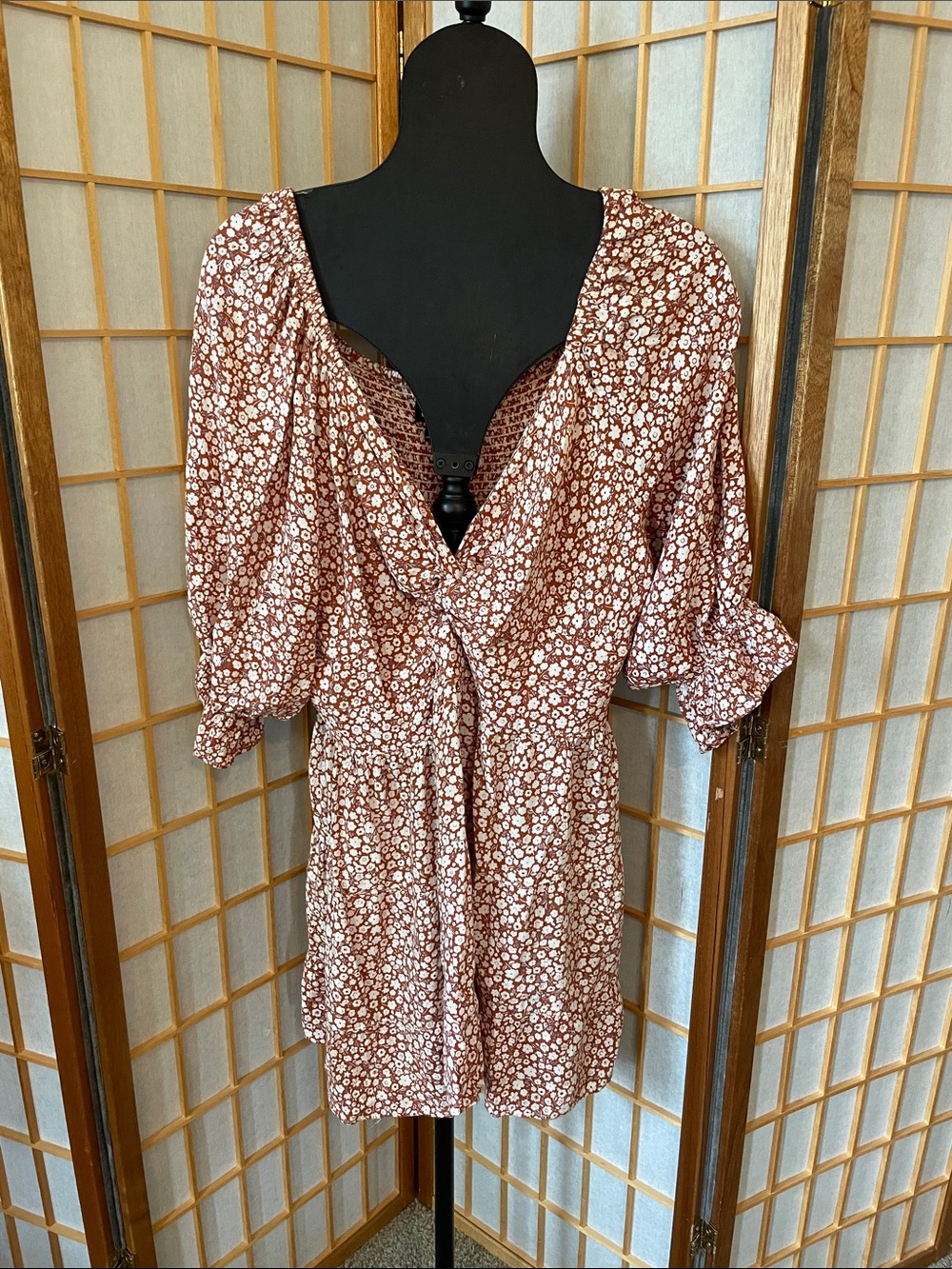 Angie Rust Brown and White Floral Plus-Size Rayon Stretchy Boho Shirt